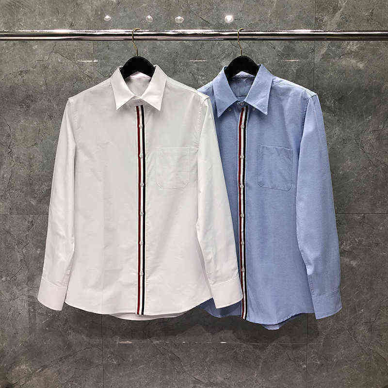 

TB THOM Men' Shirts Luxury Brand Pure Color Clothing Custom Button Stripes Blouse Casual Quality Oxford Cotton Business Shirts, White