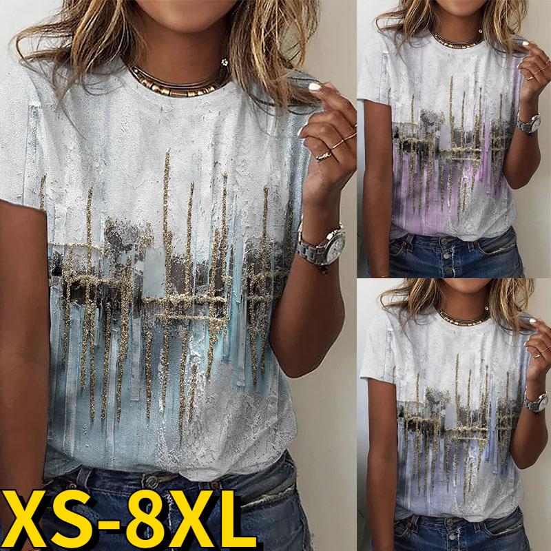 

Women's T-Shirt Summer Women's Abstract Printing Tee Shirts Round Collar Female Pullover Casual Fashionable Streetwear Design ShirtsWome, Blue