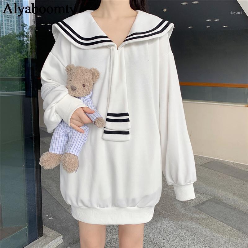 

Women's Hoodies & Sweatshirts Japanese Preppy Style Autumn Winter Women Sailor Collar White Black Oversized Pullover Cute Kawaii Girl's Swea