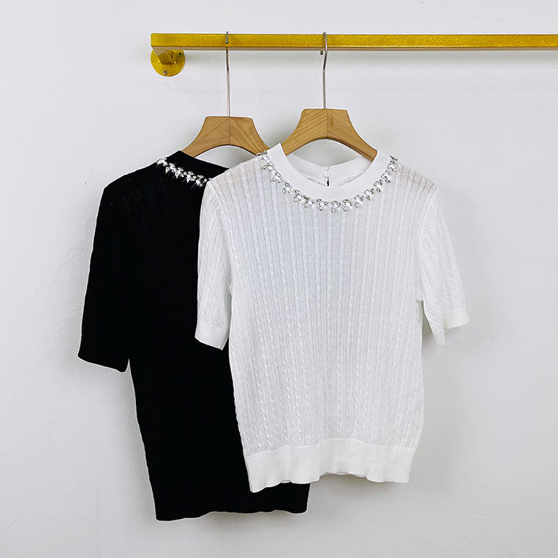 

530 L 2022 Runway Summer Brand Same Style Sweater Crew Neck Short Sleeve White Gray Black T Shirt Women' Sweaters xue