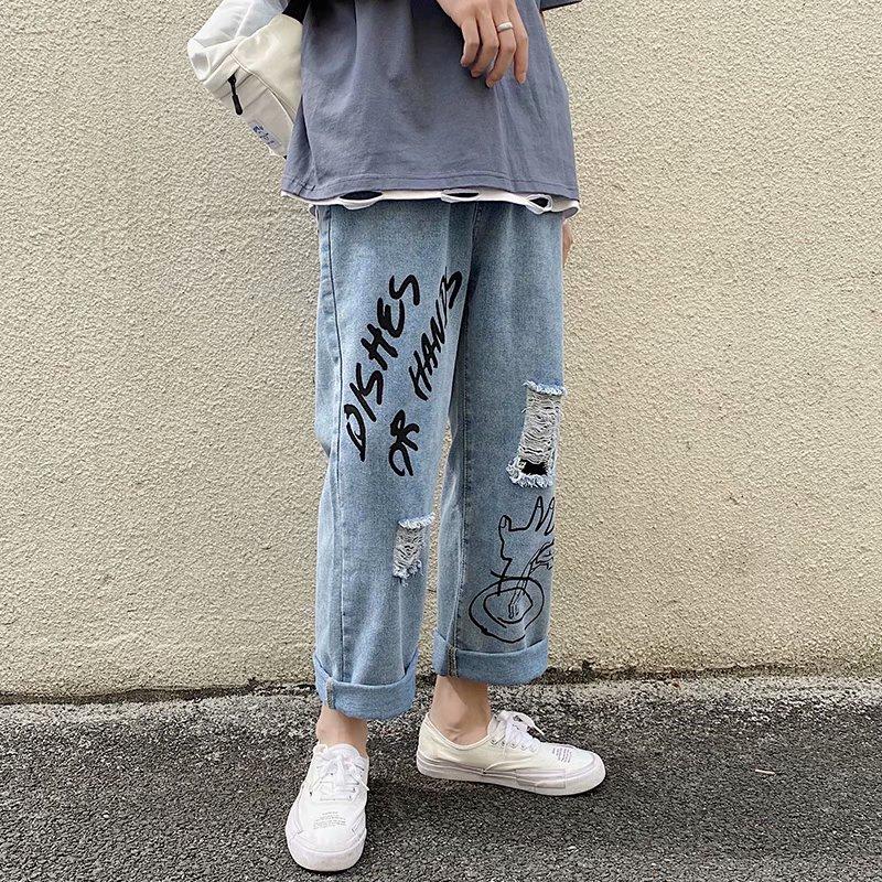 

Men' Jeans Arrivals Graffiti Print Hole Ripped Men Hip Hop Baggy Trousers Straight Retro Washed Denim Pants Korean ClothingMen, Cartoon children