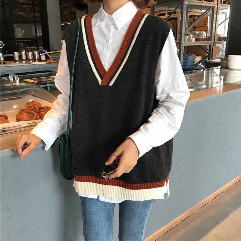 

Clothing Sets Spring Autumn Korean Style V-neck Knitted Sweater Women Vest Simple All-match Leisure Student Sleeveless Female Vintage, Blue