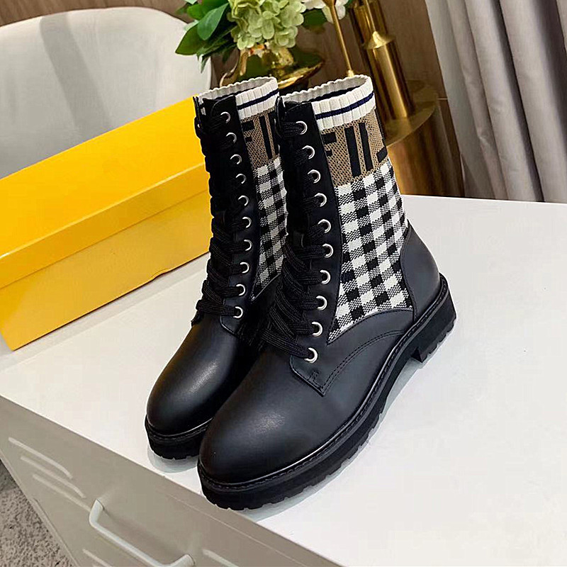 

Winter Lace-up Cowboy Martin Boots Designer Women Platform Ankle Booties Knitted Real Leather Black Sock Botas De Mujer With Box, 1#