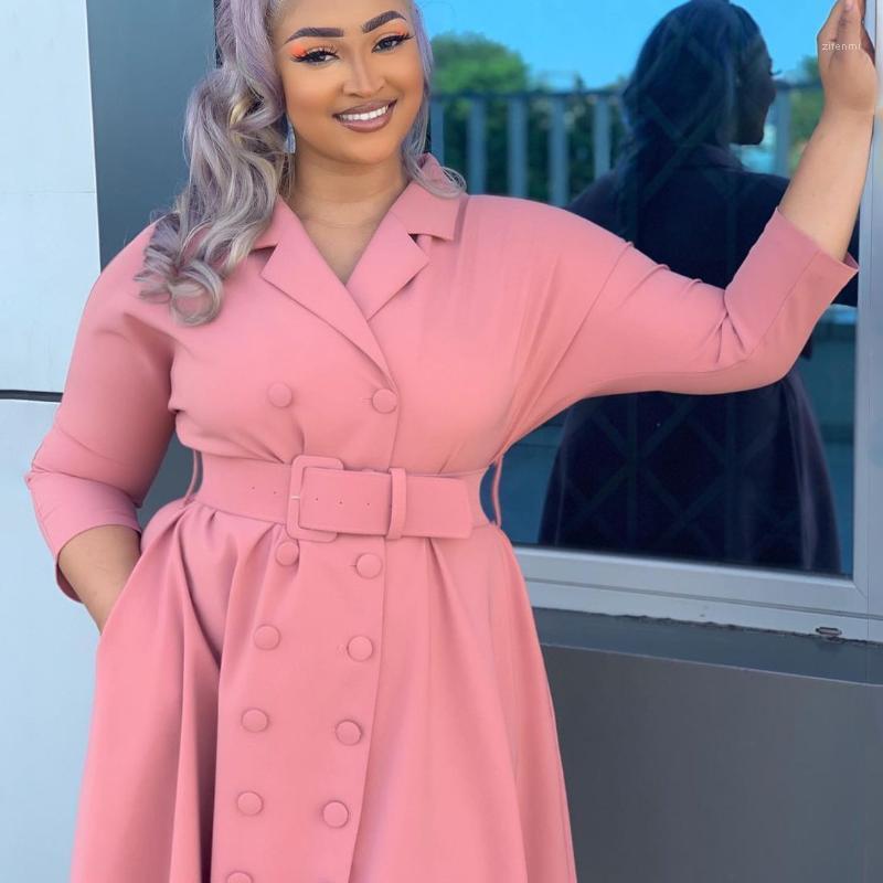 

Casual Dresses Office Ladies Deep V Neck Turn Down Collar High Waist Belted Fashion Yellow Women African Work Wear Plus Size Midi Dress