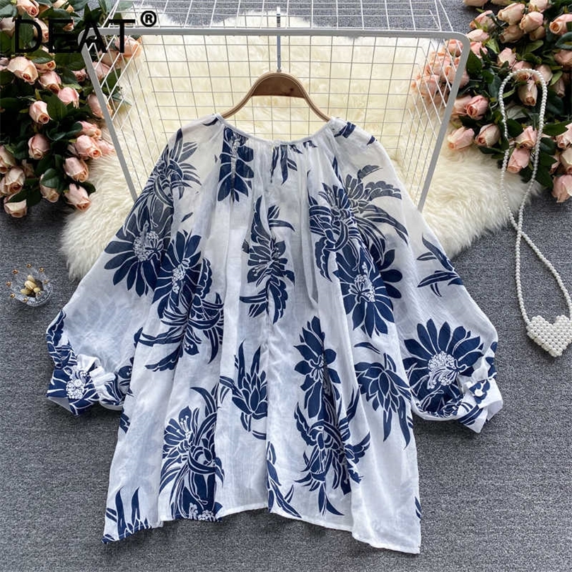 

DEAT Women Printing Shirt Arrivals Round Neck Latern Sleeve Fashion Temperament Spring Summer 11D1545 210709, White