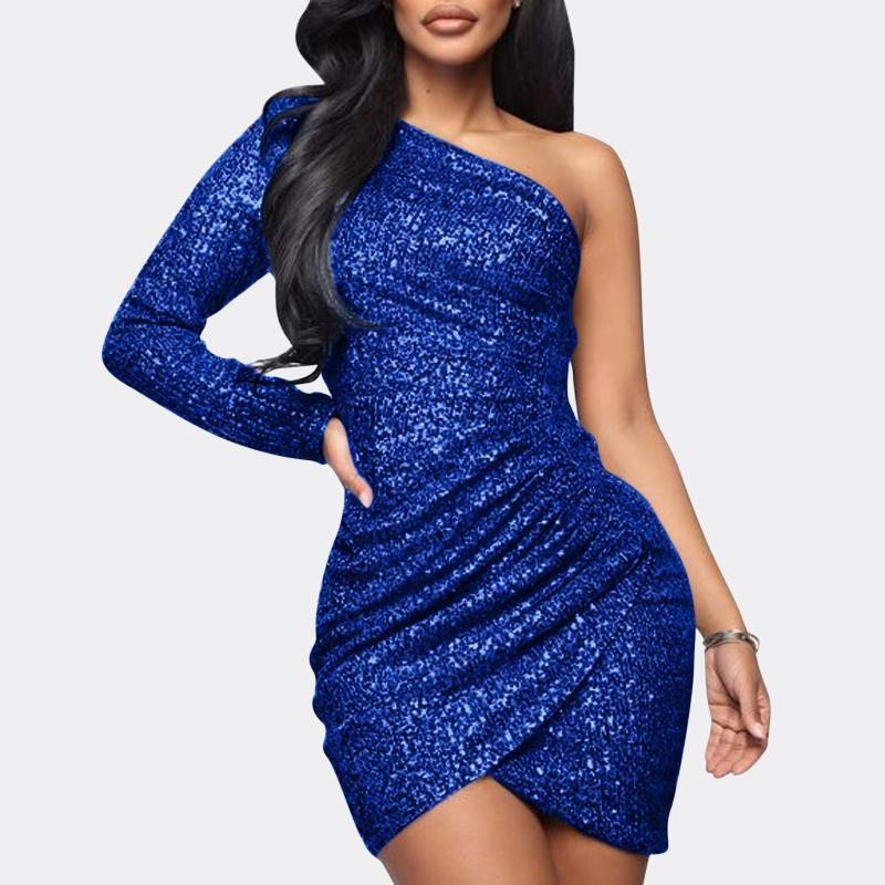 

Casual Dresses Women Sequin Party 2022 Fashion Solid Cold Shoulder Sexy Dress Skinny Ruched One Vestido, Bu