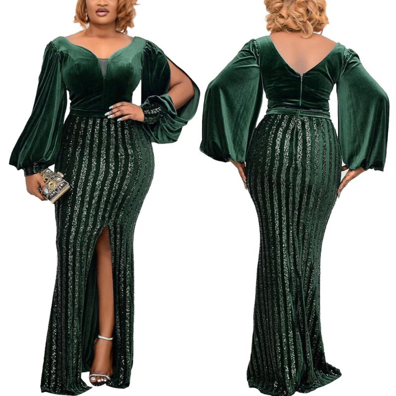 

Plus Size Dresses For Women Party Evening Dress Sexy Velvet V Neck Glittering Sequins Split Fork Back Zipper Elegant 5xlPlus, Green