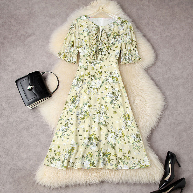 

2022 Summer 1/2 Half Sleeve Round Neck Yellow Floral Print Chiffon Ruffle Detail Panelled Mid-Calf Dress Elegant Casual Dresses 22Q157018