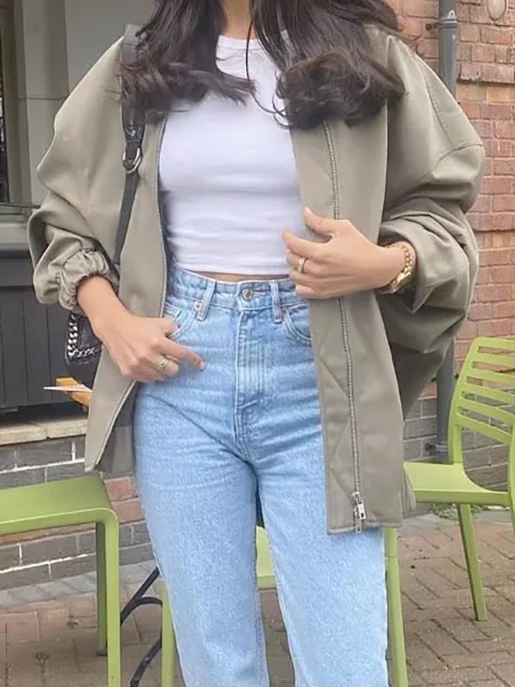 

Women' Jackets Evfer Chic Lady Summer Fashion Zipper Solid Loose Womens Casual O-Neck Streetwear Style Pockets Gray OutwearWomen' Women'sW