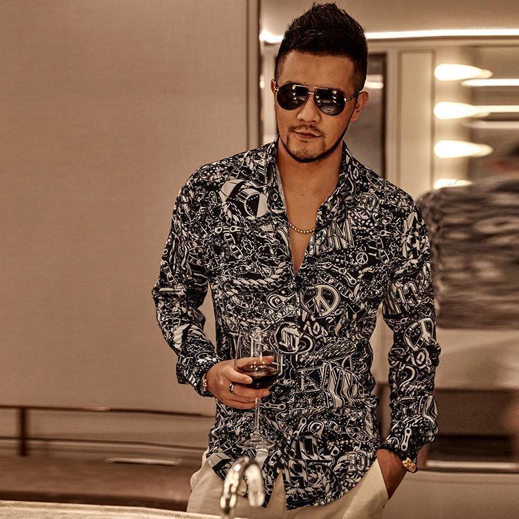 

Summer Black And White Fashion Printed Men' Casual Shirt Loose Flower S5011 Shirts