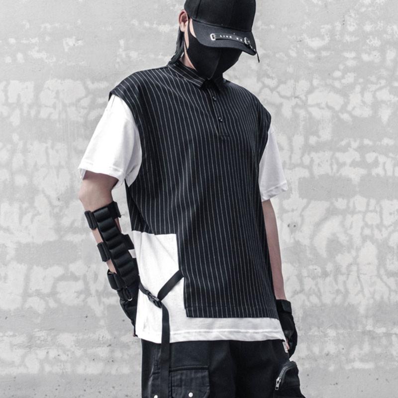 

Men's T-Shirts Striped Fake Two Patchwork Summer T Shirt Men Loose Short Sleeve Tee Tops Hip Hop Fashion Streetwear Casual Tshirts CottonMen, Black