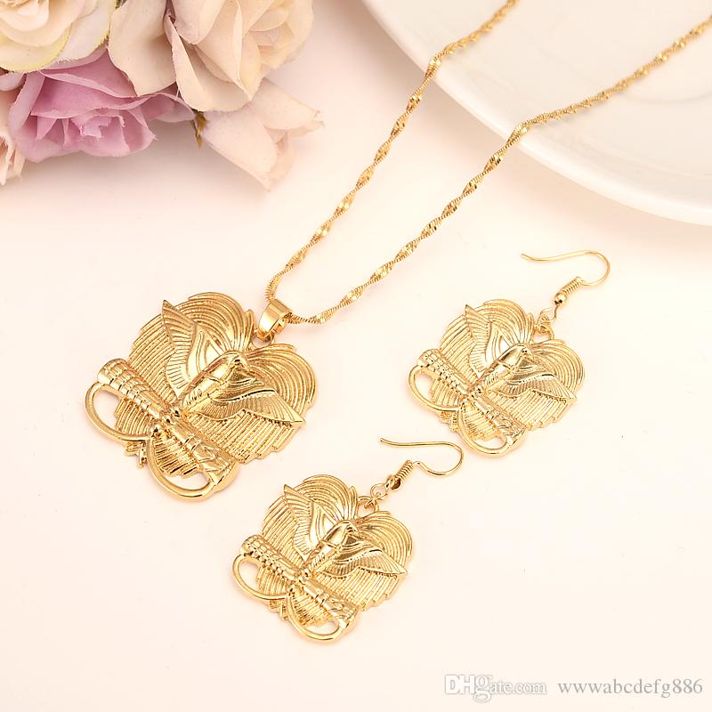 

9 k Yellow Solid Gold jewelry Bird of Paradise Pendant Necklaces earrins for Women Papua New Guinea girls kids party, Golden