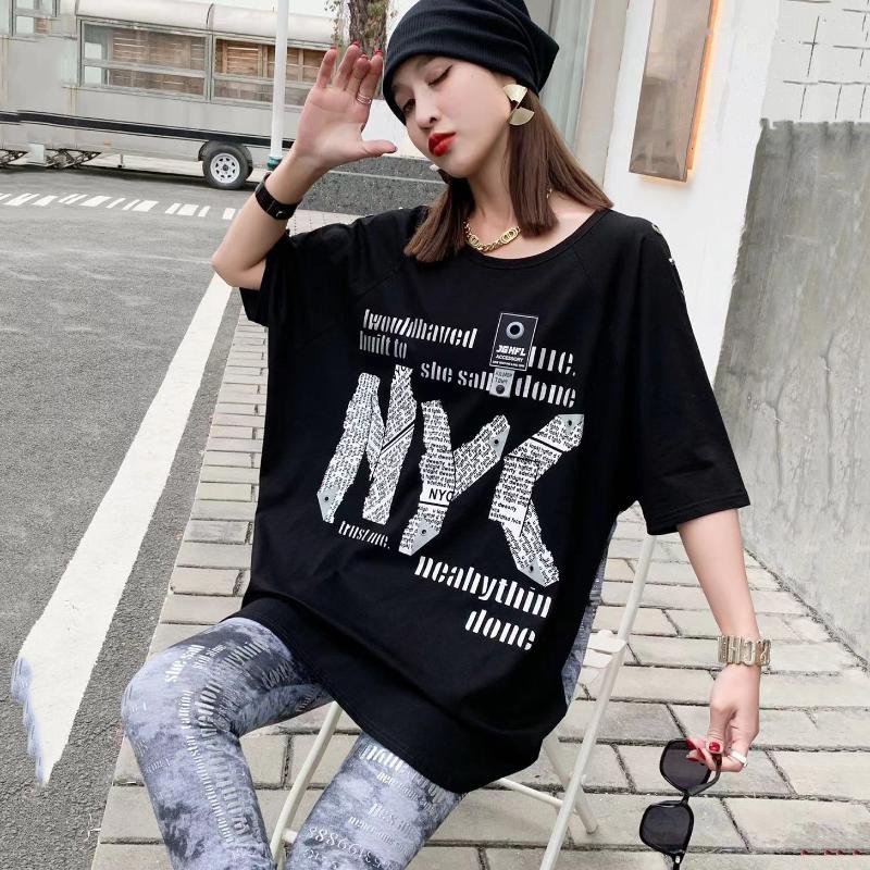 

Women's T-Shirt Harajuku Style Summer O-neck Plus Size Short Sleeve Letter Print Patchwork Personality Cotton Women Clothing TideWomen's, Black