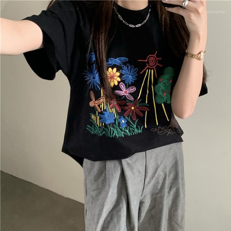 

Women's T-Shirt Alien Kitty 2022 Floral Letter O-Neck Loose Sweet Girl All-match Casual Creativity Short Tees Fashion Elegant, Black