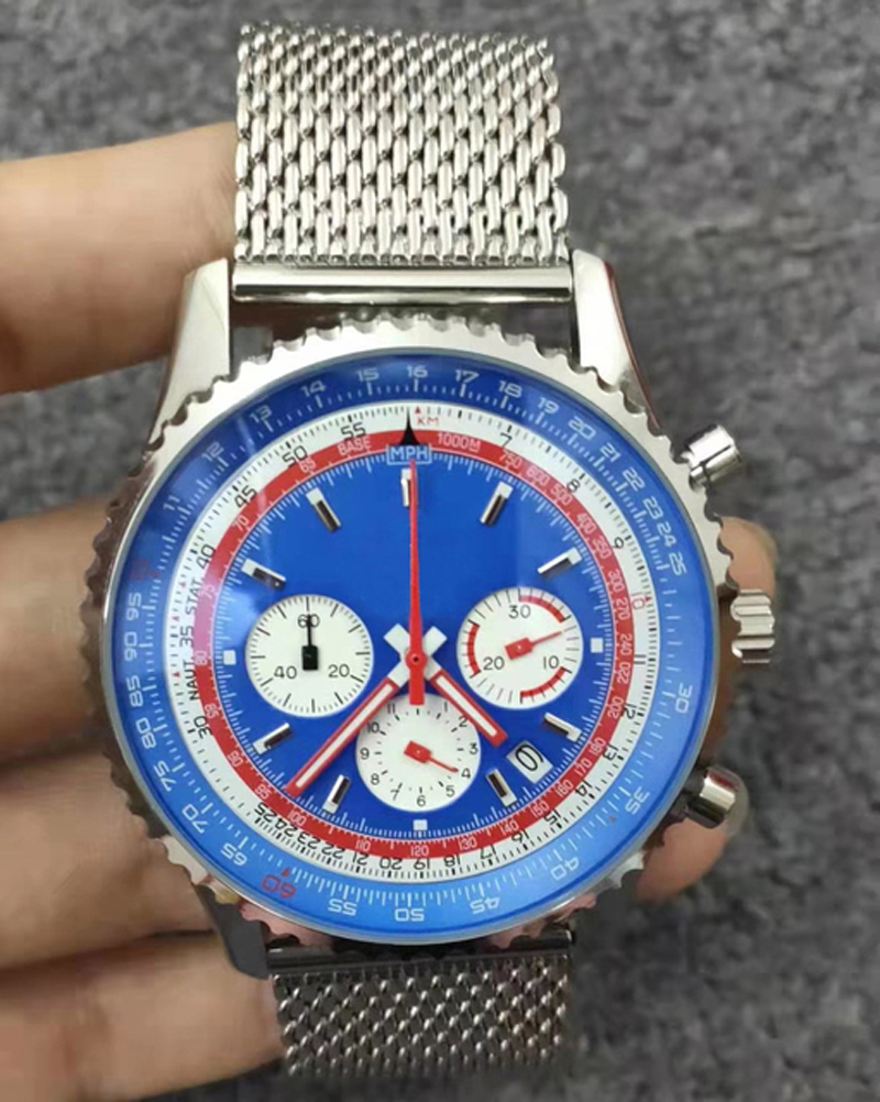 

46mm Male Wristwatch mens Quartz Chronograph watch Black Blue Dial Stainless Steel Strap Sapphire Crystal, Make waterproof 50m