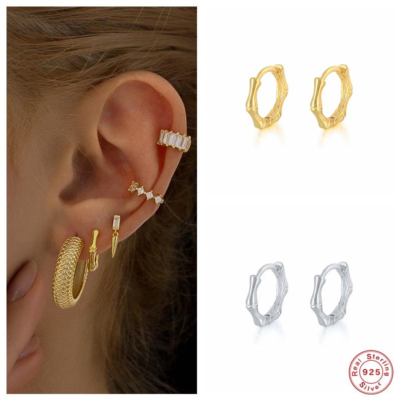 

Hoop & Huggie Aide 925 Sterling Silver Gold Bamboo Shape Earrings For Women Mini Circle Loops Rock Punk Fine Jewelry GiftHoop