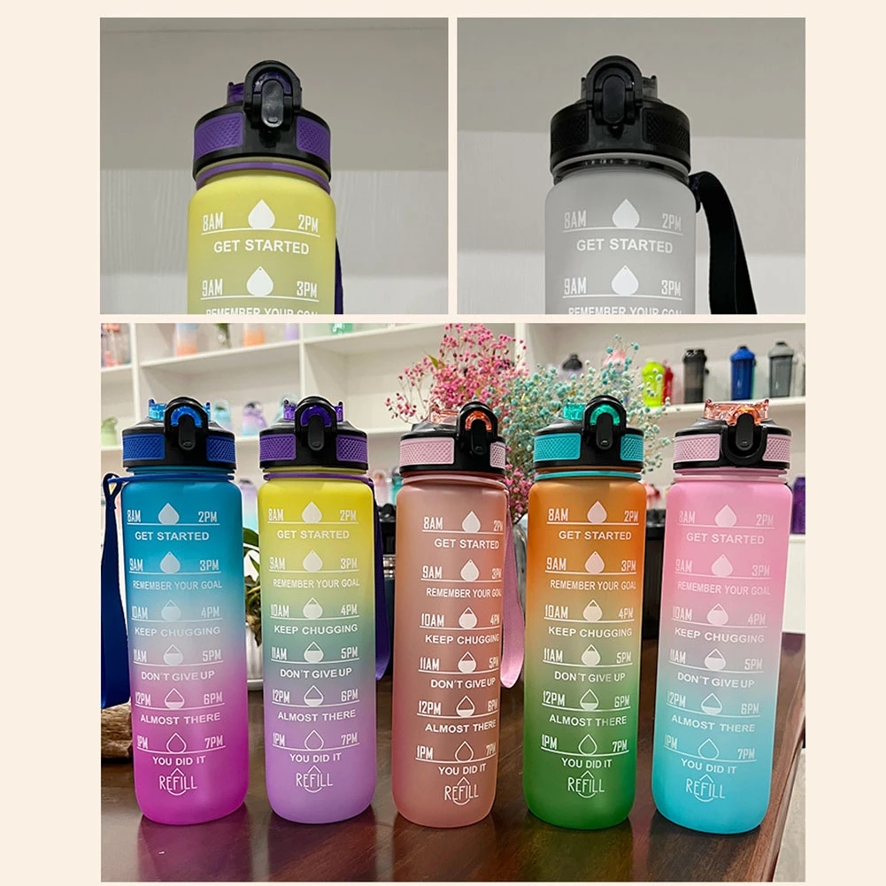 32OZ Sports Bottle Time Marker 1000ml Frosted Water Bottle with Flip Top Lid Gradient Color Outdoor Space Cups-image-564899354