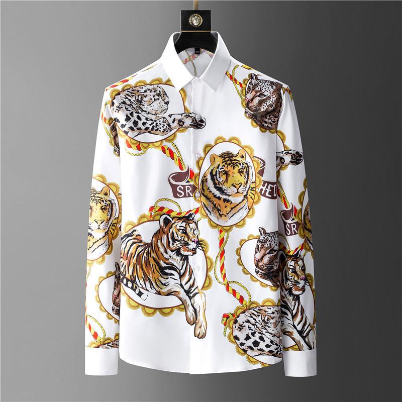 

Men's Casual Shirts 22 Men Luxurious Crown Diamond Rhinestones Tiger Fashion Cotton Shirt High Pocket Long-sleeves S 5XL #A652