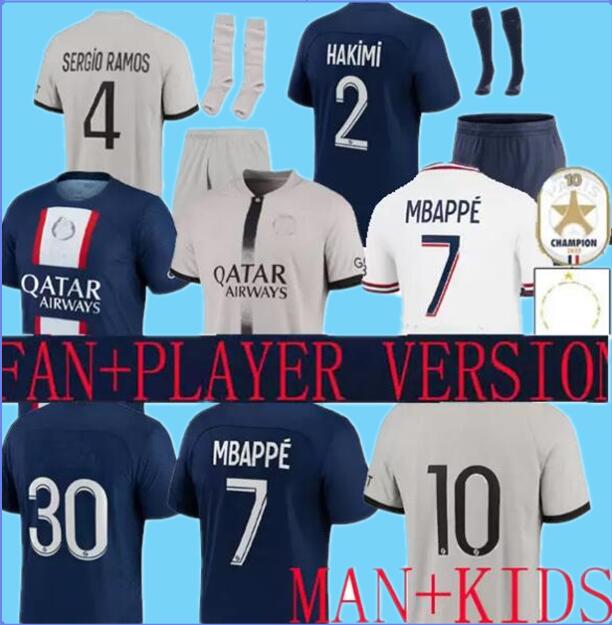 

soccer jersey 21 22 23 HAKIMI pSGs SERGIO RAMOS maillot de foot special player version 10TH title SPECIAL 2022 MBAPPE shirt kids home Maillots VERRATTI AWAY AA, Home man 3