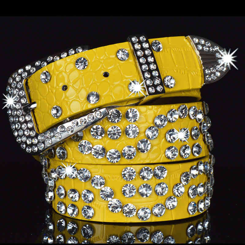 

New Dign Wtern Bling Diamond Studded Men Belts Clear Rhintone Studded Gold Leather Belt, Black