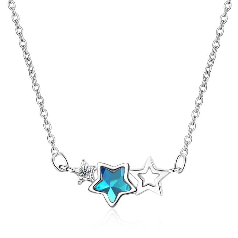 

Pendant Necklaces Blue Crystal Five-Pointed Star Sweet Silver Color Clavicle Chain Personality Female Necklace SNE366Pendant