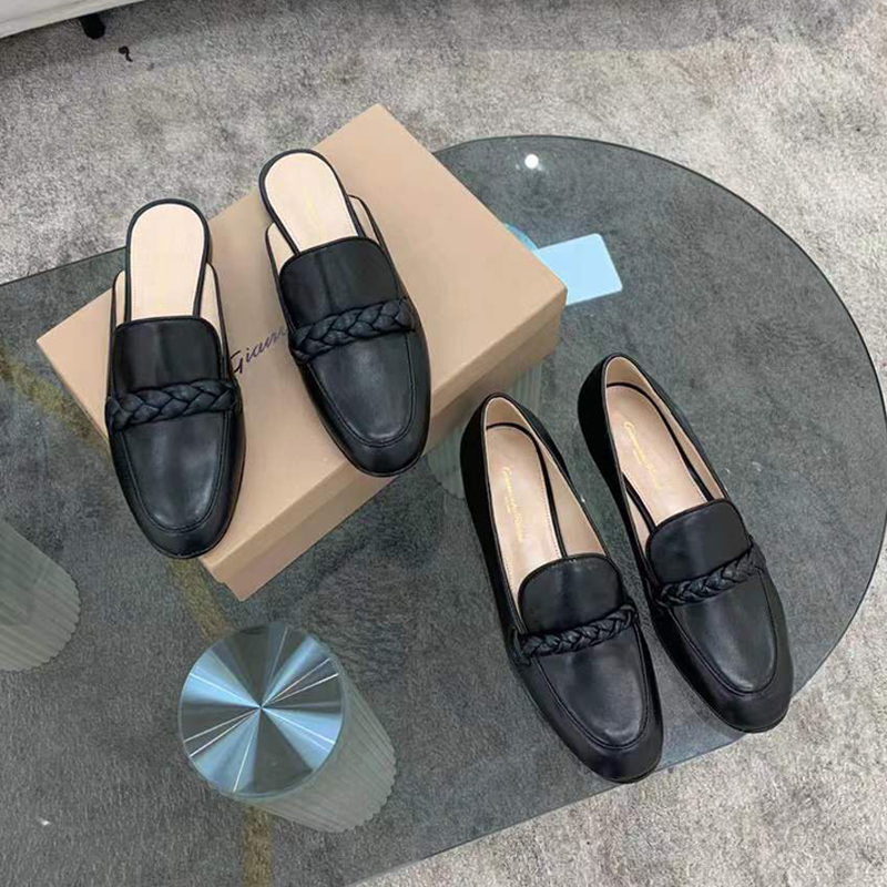 

Gianvit Ross Top Quality black smooth leather Dress shoes flats women comfortable Flat heel Round toes classic Buckle Lefu shoes Baotou slippers factory footwear, Khaki half tow