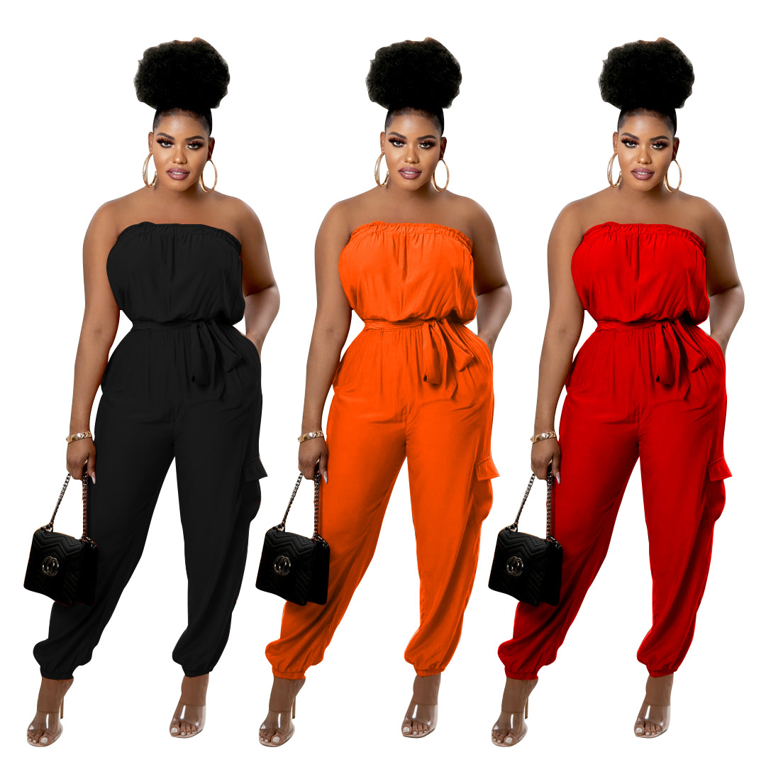 

Womens Long Pants Jumpsuit Casual Sleeveless Bandeau Pocket Belt Spring Summer Rompers, Orange