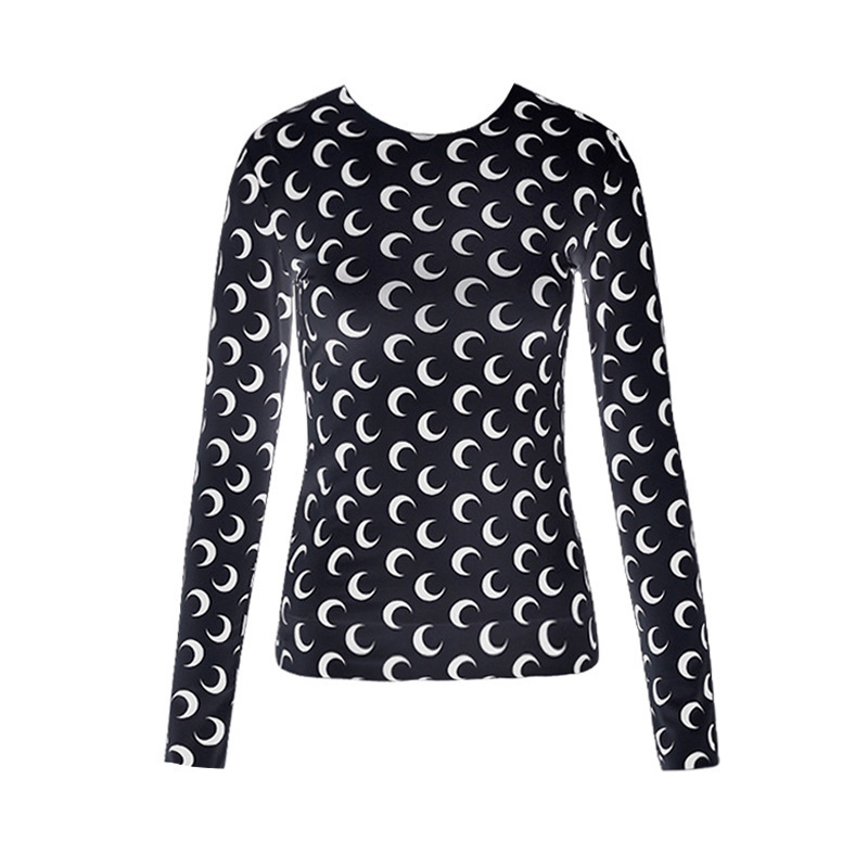 Couleur unie Croissant de Lune Imprimer Col Rond Col Roulé Manches Longues Chemise D'été Femmes Style Chaud Chic Moulante Tenues S-XL A1112