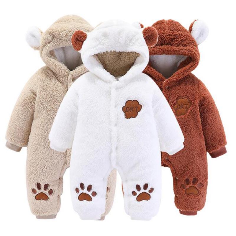 

Jumpsuits Arrival Winter Baby Solid Fleece Hooded Jumpsuit Printing Unisex Boy Girl Thicken Clothes RompersJumpsuits, Albb412 gray