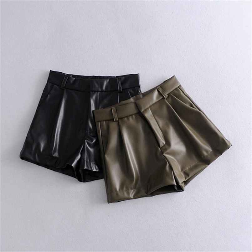 

Women's Shorts Vintage Pleated PU Leather Shorts Female High Waist Drapped Pants Spring Summer Chic Office Wear Shorts 220419, Picture 1