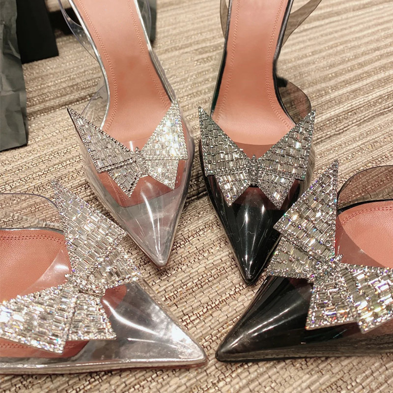 

Women Sandals Shoes High Heel Dress Pumps Summer Bowtie Silk Point Toe Stilettos Solid Wedding Party Classic Fashion HM467, Clear