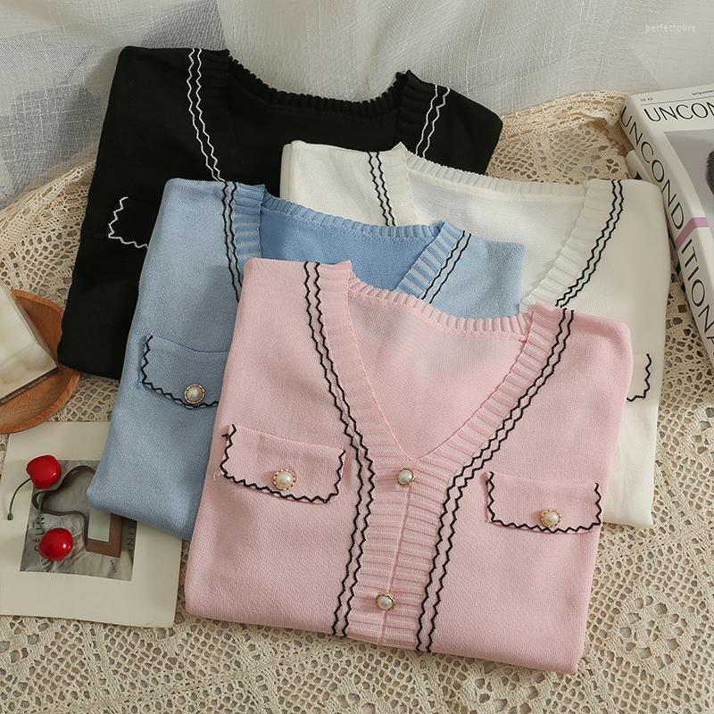 

Women's Sweaters Summer Blusas 2022 Loose V-neck Pullover Single-breasted Short Sleeve Sweater Women Thin Solid Color Knitted TopsWomen's Pe, Black