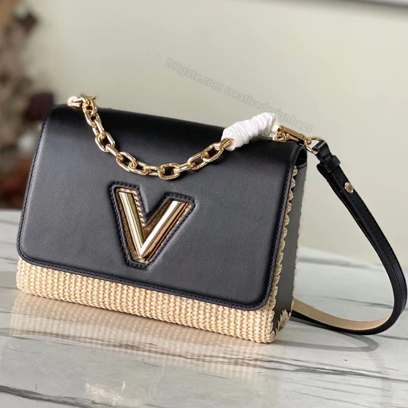 

5A totes bags Twist Handbag Ladies Handbags Shoulder Flip MM Square chain Bag Raffia Woven Calfskin Crossbody Ladies Clutch Classic L291, Contact us for additional options