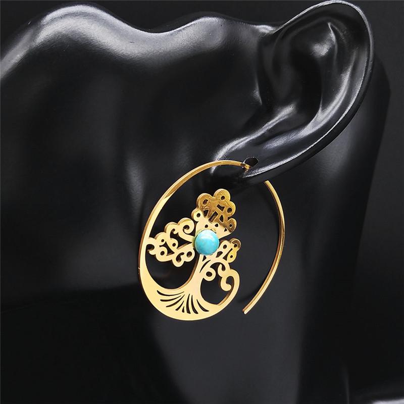 

Hoop & Huggie Tree Of Life Stainless Steel Stone Big Bohemia Earings Women Gold Color Circle Earrings Jewelry Pendientes Aro E9200S04Hoop