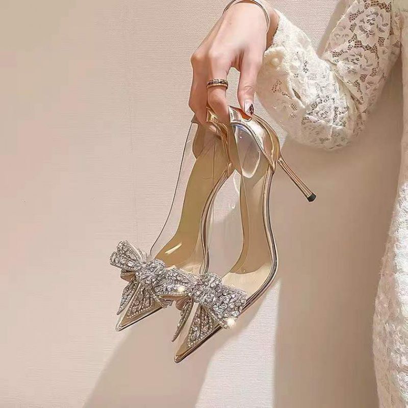 

2022 New Fashion Pointed Toes PVC Bow Bridal Wedding Shoes Rhinestone Stiletto Banquet Dress All-match Women's Heel Shoes Pumps CL0190, Champagne