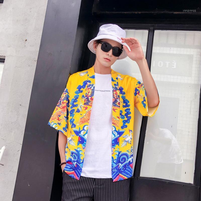 

Japanese Kimono Chinese Cape Seven-minute Sleeves Yellow Blue Dragon Pattern Beach Rap Clothing Shirt Coat Men' Casual Shirts, Black