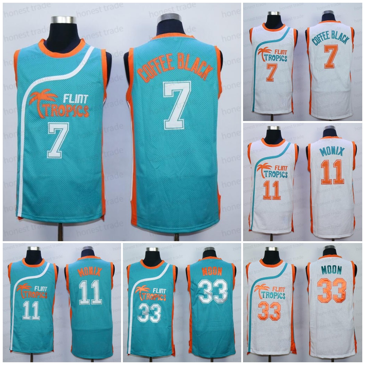 

33 Jackie Moon Men's Semi Pro Movie Flint Tropics #69 Downtown Jersey #11 Ed Monix #7 Coffee Black Embroidery Stitched Jerseys White Green Top Quality, As pic