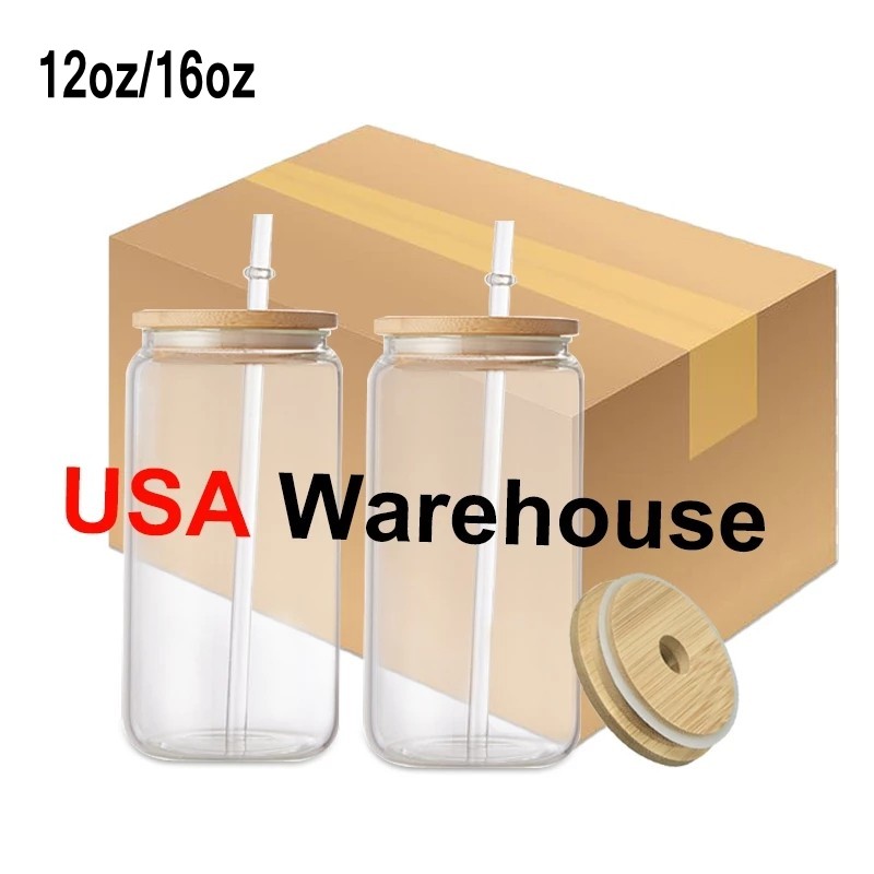 

US STOCK 12oz 16oz Sublimation Glass Tumblers With Straw And Bamboo Lid Can Shaped Clear Frosted Beer Mugs Iced Coffee Soda Cups