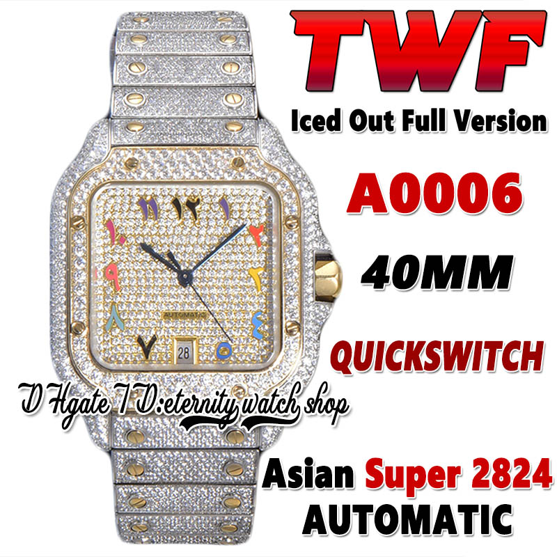 

2022 TWF WA0009 Paved Diamonds ETA A2824 Automatic Mens Watch 40MM Fully Iced Out Diamond Rainbow Arabic Gold Dial Quick Switch Steel Bracelet 0005 eternity Watches, Watch waterproof production cost