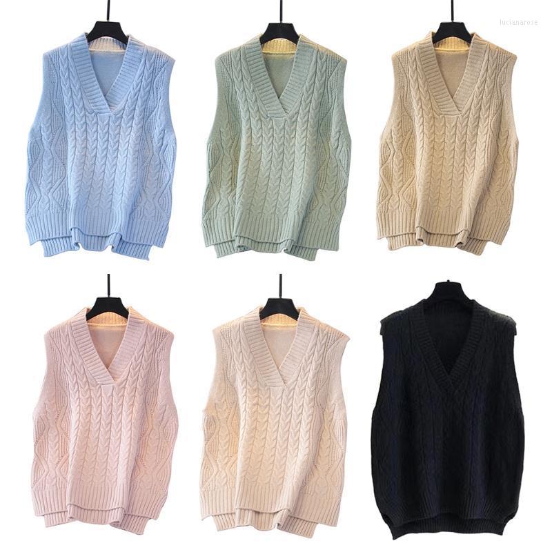 

Women's Vests Women Autumn Cable Knitted Sleeveless Vest V-Neck Solid Color Pullover Sweater Casual Loose High Low Jumper Tank Top Luci22, Khaki