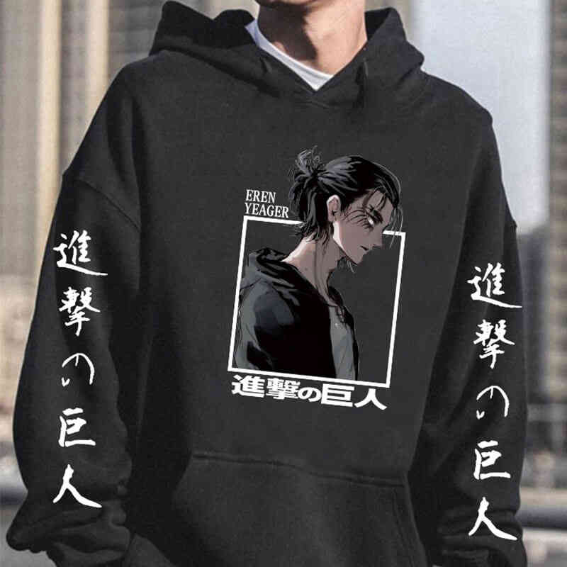 

Attack on Titan Hoodie Anime Eren Yeager Graphic Men Pullover Long Sleeve Loose Hip Hop Hooded Streetwear Harajuku Unisex, Pure black