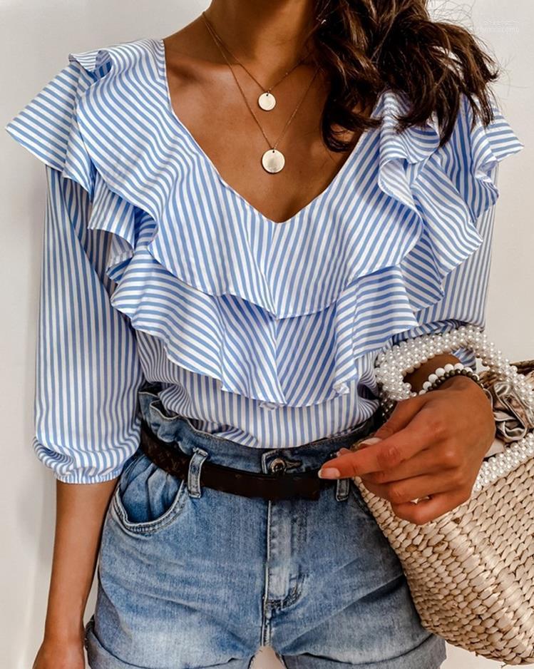 

Women' Blouses & Shirts 2022 Fashion Women Blue Striped Off Shouler Blouse Female Short Sleeve Ruffle Tops Summer Casual Ladies Shirt Chee2, As pic