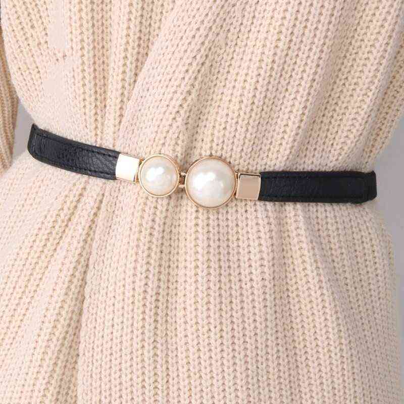 

Creative Pearl Buckle Belt PU Leather Dress Skirt Waist Elastic Thin Women Belts Ladies Waistband Y220419, Black