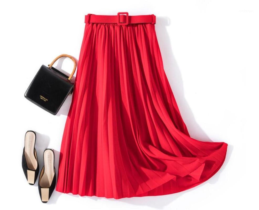 

Skirts 2022 Solid Color Simple Organ Pleated Skirt Girl Spring Autumn Women's Mid-length Belt Wild Women, Beige