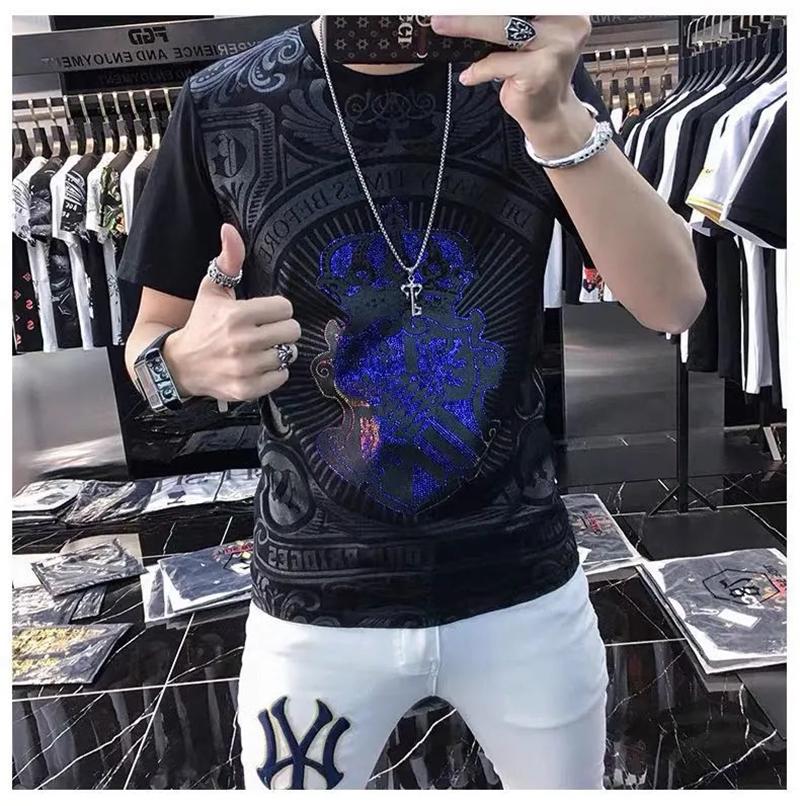 

Men's T-Shirts Spring And Summer Men Rhinestone Design Tees O Collar Fashion T-Shirt Black / White Hip-Hop Casual Short-SleevedMen's, As shown asian size