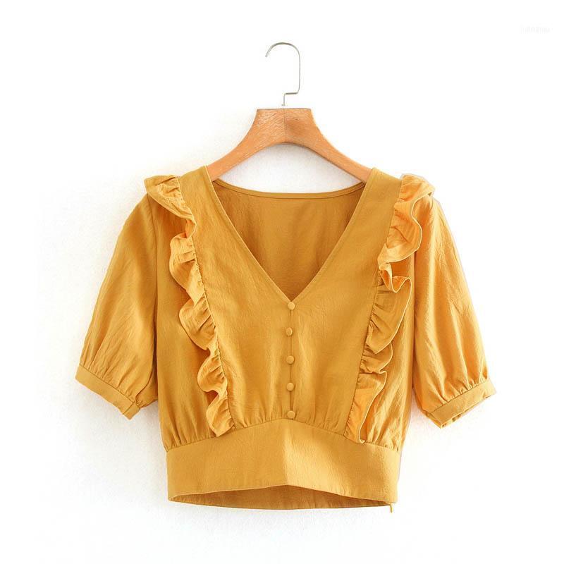

Summer Ladies V Neck Yellow Color Ruffles Short Sleeve Crop Top Blouse And Shirts Clothing Women's Blouses &, Gold