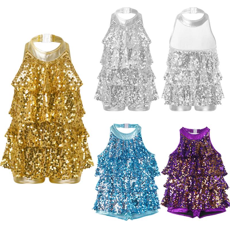

Girl's Dresses Kids Girls Modern Jazz Latin Dance Costumes Halter Shiny Sequins Ballet Shorty Unitard Dress Stage Dancewear, Red;yellow