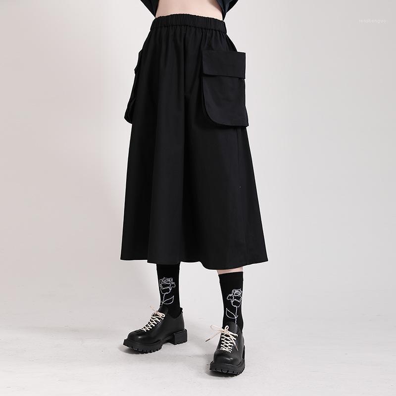 

Skirts Punk Skirt 2022 Summer Japanese Dark Big Swing Pocket High Waist Cotton Faldas Largas Mujer, Black