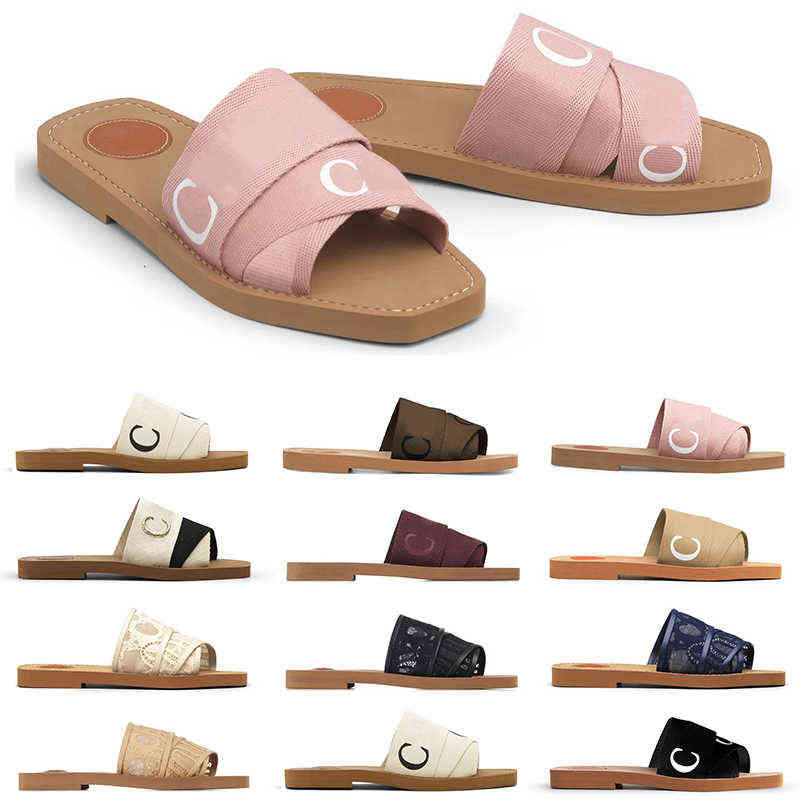 

Women Woody Mules Flat Slippers Sandals Designer Canvas Rubber Slides White Black Pink Khaki Blue Olive Lace Lettering Fabric 2KCB, Box