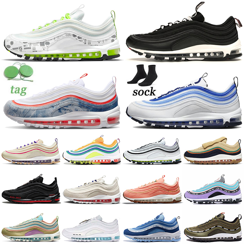 

97s Mens Womens Running Shoes Airmas Mschf Lil Nas x Satan Luke inri jesus White Black Bullet Washed Denim Sean Wotherspoon Airness Sports Sneakers Trainers, A#47 aurora green 36-45 3